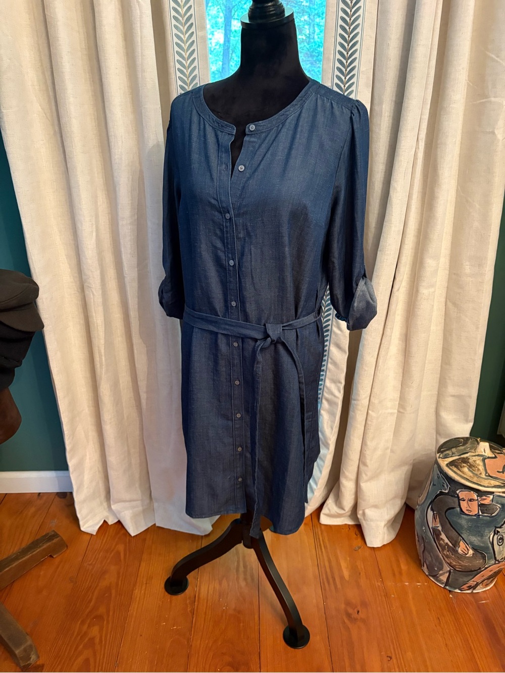 LOFT Chambray Button-Front Midi Dress - Denim Blue